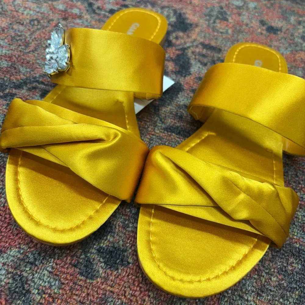 Gianni Bini Yellow Satin Sandals with Jewel Detail